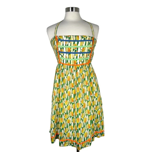 Free People Dresses & Skirts - FREE PEOPLE Smocked Halter Dress Size 4 Yellow Lemon Pattern Sleeveless *Read
